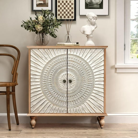 Antique Wood Carved Accent Cabinet with 2 Doors, Rustic Sideboard Buffet Cabinet with Storage, Antique Credenza for Living Room Entryway Kitchen (Rustic Brown)