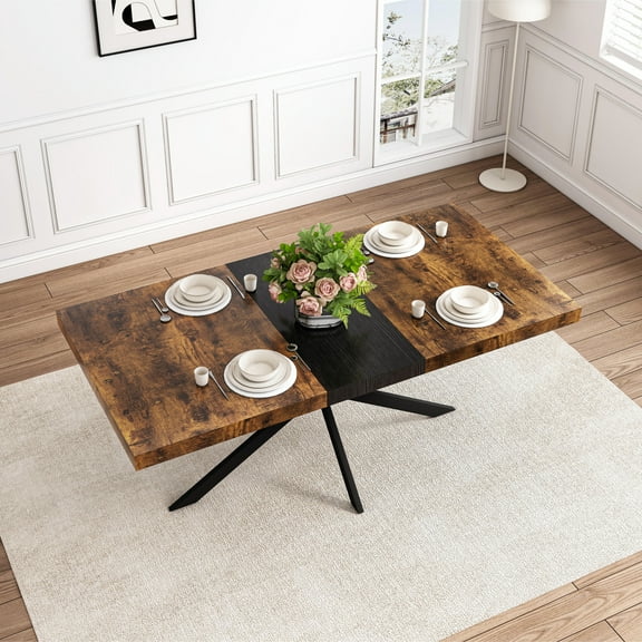 Antique Wood Top Rectangular Stretch Table, Black Relief Plate, Iron Foot Base, Storage Function, Seats 6, + Metal, 165 Lbs Bearing Capacity Retro Dining Table With Design, & Storage, Metal Made