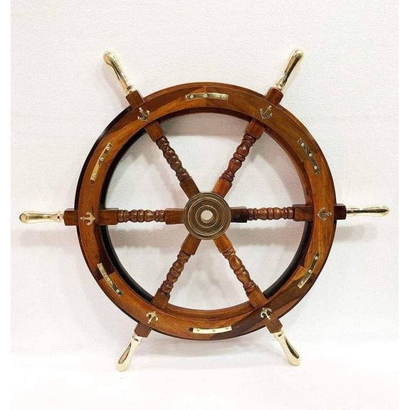 Antique Wooden Maritime Decor 24" Captains Ship Wheel Brass Anchor Wall Hanging