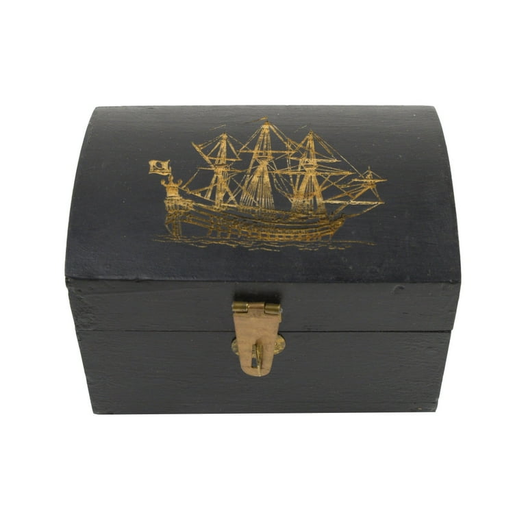 Antique Reproduction Wood Treasure Chest Pirate Ship on Wooden Box Lid Antique Reproduction Wood Treasure Chest Pirate Ship on Wooden Box Lid