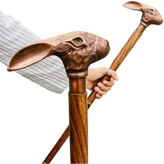 Antique Wooden Walking Cane with Rabbit Head Handle, Vintage Support Cane for Men and Women