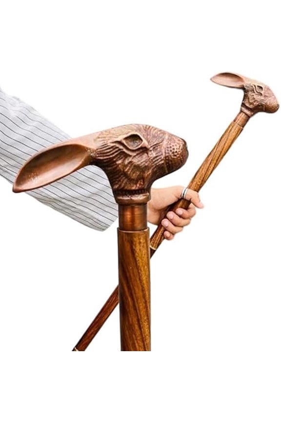 Antique Wooden Walking Cane with Rabbit Head Handle, Vintage Support Cane for Men and Women