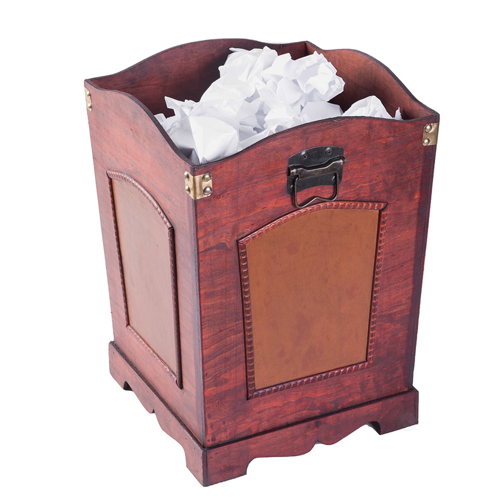 Antique Cherry Wood Waste Bin with Faux Leather Panels