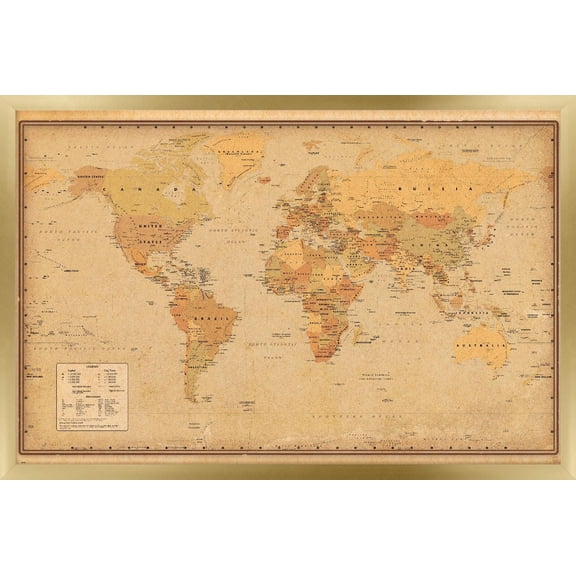 Antique World Map 2023 Wall Poster, 14.725" x 22.375" Framed