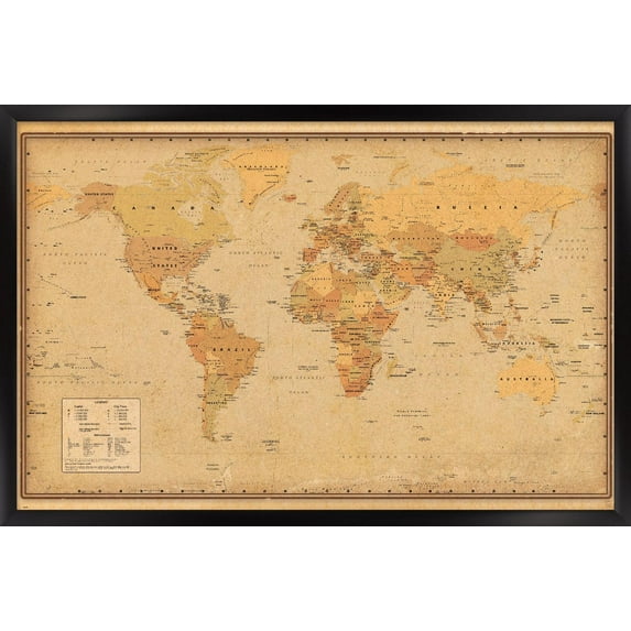Antique World Map 2023 Wall Poster, 14.725" x 22.375" Framed