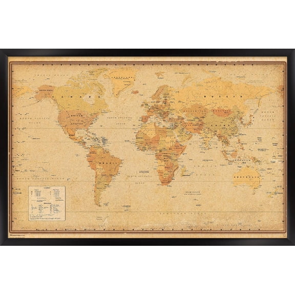 Antique World Map 2024 Wall Poster, 14.725" x 22.375" Framed