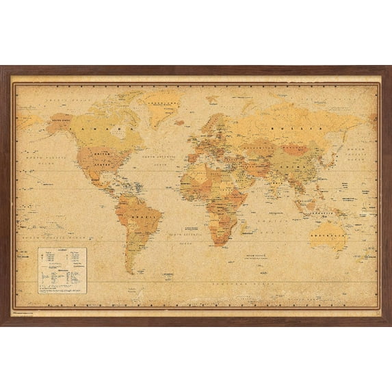 Antique World Map 2024 Wall Poster, 14.725" x 22.375" Framed
