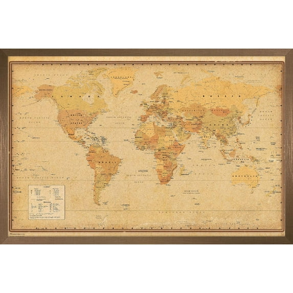 Antique World Map 2024 Wall Poster, 14.725" x 22.375" Framed