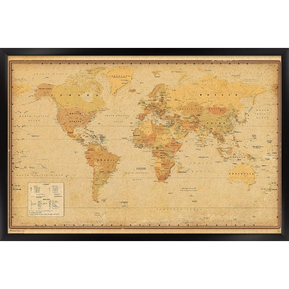 Antique World Map 2024 Wall Poster, 22.375" x 34" Framed