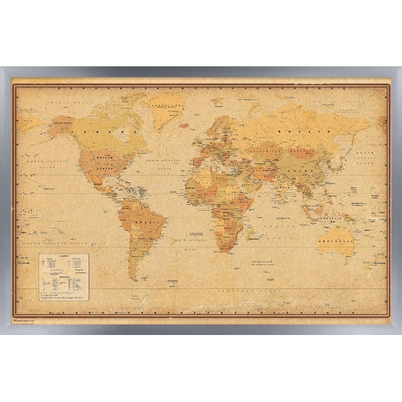 Antique World Map 2024 Wall Poster, 22.375" x 34" Framed