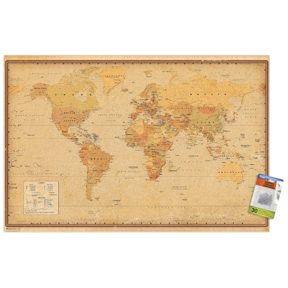 Antique World Map 2024 Wall Poster with Pushpins, 22.375" x 34"