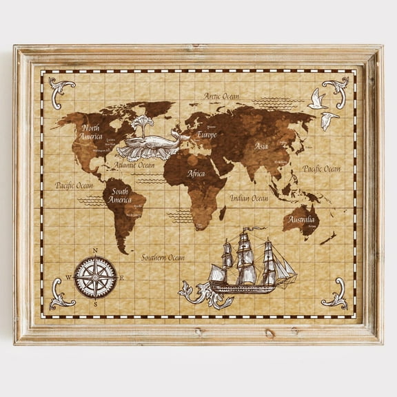 Antique World Map Art Print Vintage Travel Study Or Office UNFRAMED Poster, Wall Art for Decor, Present, 8x12