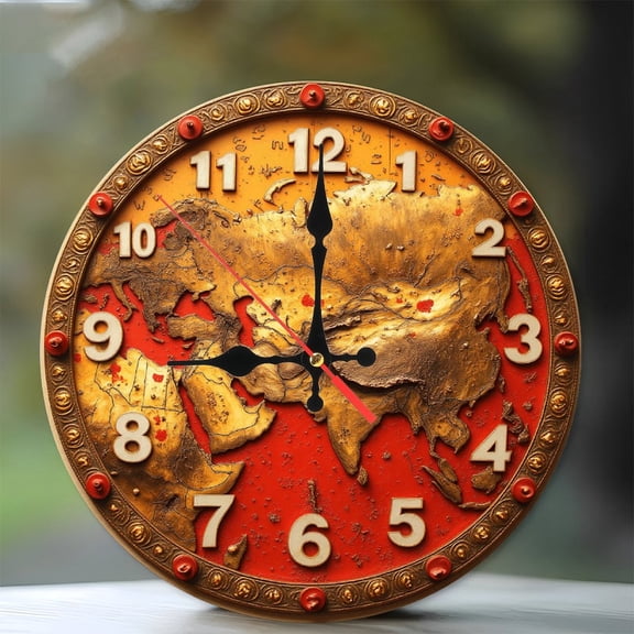 Antique World Map Clock Gold Bronze Wall Decor 10-Inch Silent Wooden Wall Clock, Battery Operated (AA Batteries Not Included), Artistic Home Decor