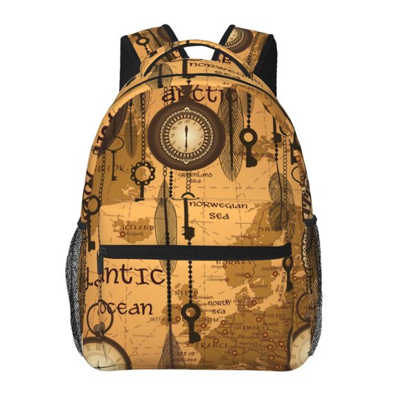 Antique World Map Clocks Old Backpack Casual College Bag Zipper Laptop Daypack Hiking Rucksack Travel