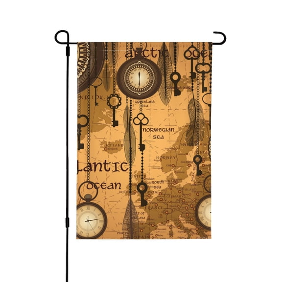 Antique World Map Clocks Old Double Sided Garden Flag 28x40 Outdoor Decorative Yard Banner for Patio Lawn Garden