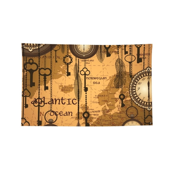 Antique World Map Clocks Old Four Hole Decorated Banner Flag for Garden Yard Home Decoration Indoor Outdoor 3x5 Ft