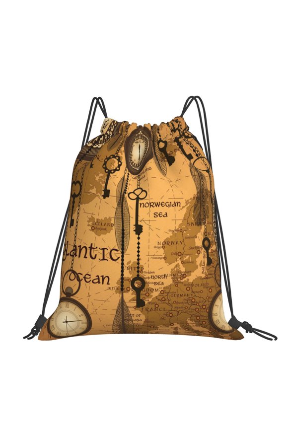 Antique World Map Clocks Old Large Drawstring Backpack Casual Cinch Sack Bag Backpack for Sports Hiking Travel Gym