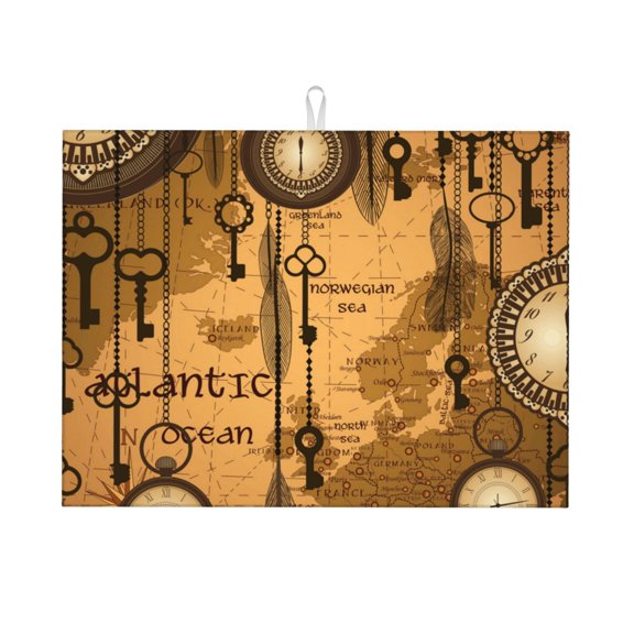 Antique World Map Clocks Old Large Kitchen Drying Mat 18x24 Inch Ultra Absorbent Dish Drying Mats Foldable Countertop Protector