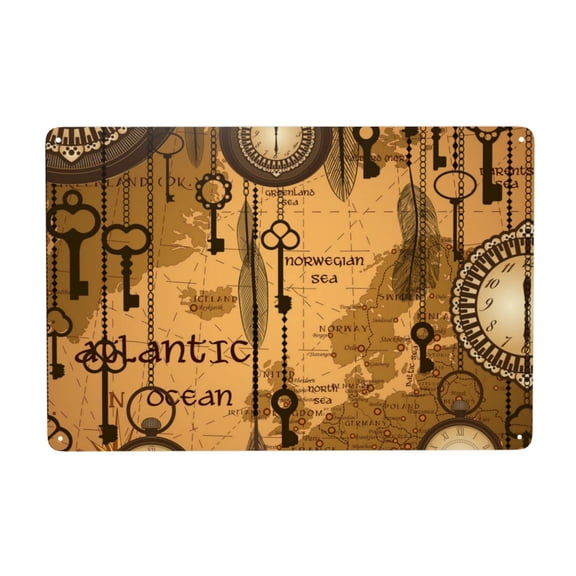 Antique World Map Clocks Old Metal Tin Sign Home Kitchen Office Bedroom Cafes Room Wall Decor 8x12 Inch
