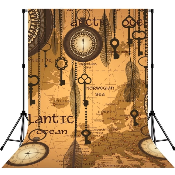 Antique World Map Clocks Old Photography Backdrop 5x7Ft Background for Photo Studio Video Recording Birthday Party Wedding Home Decor