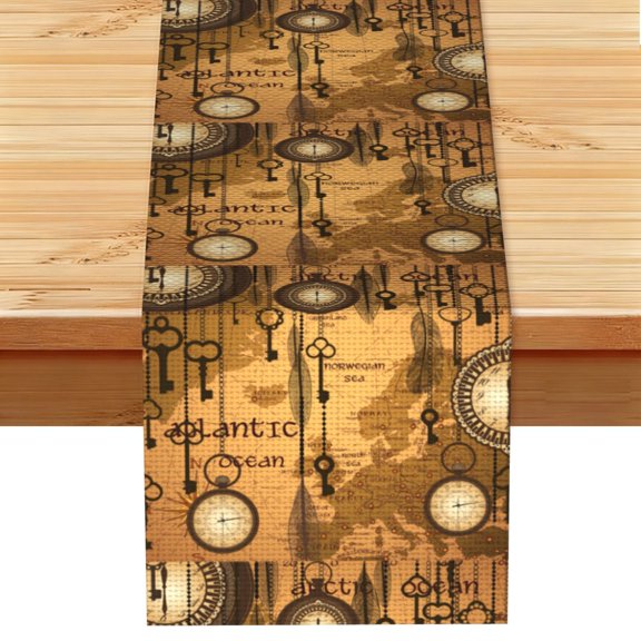Antique World Map Clocks Old Table Runner 13x72 Inch for Dining Table Kitchen Wedding Party Decor Fireplace Mantle