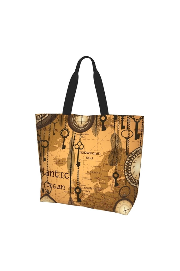 Antique World Map Clocks Old Women Reusable Bag Large Shoulder Handbag Top Handle Purse Tote