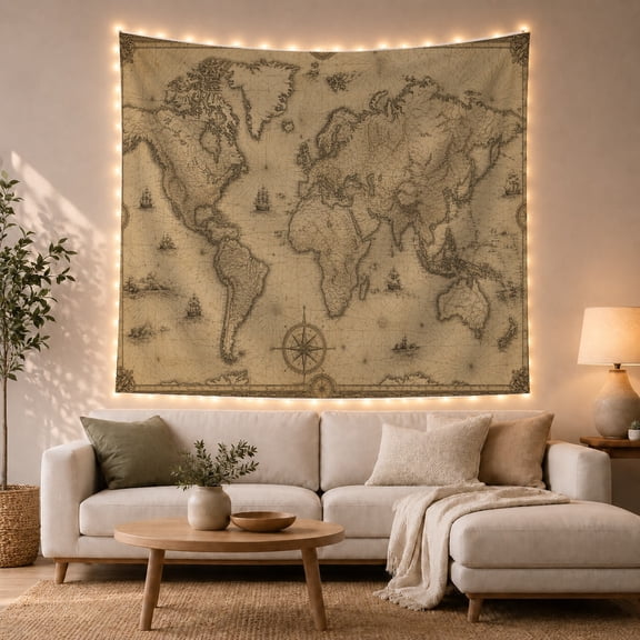 Antique World Map With Compass Rose and Old Paper Texture, Nostalgic Vintage Style for Travel Lovers, Map Wall Art, Graduation Gift, Tapestry Wall Hanging for Office and Study Room