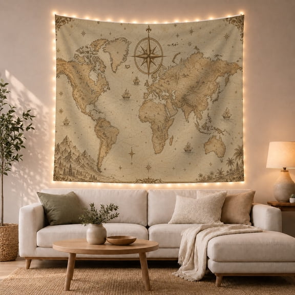 Antique World Map with Compass Rose and Ships on Cream Parchment, Nostalgic Vintage for Map Enthusiasts, Retro Art Decor, Housewarming Gift Tapestry Wall Hanging for Living Room and Home Office