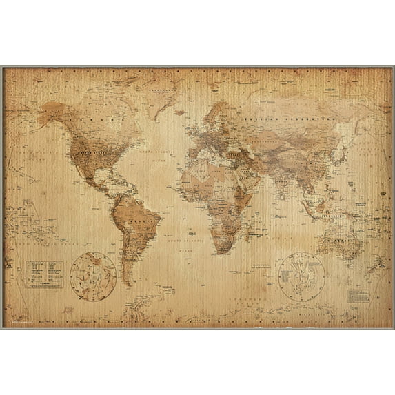 Antique World Map - Framed Poster (Vintage Map Of The World) (Size: 37" X 25") (Brushed Champagne Aluminum Frame)