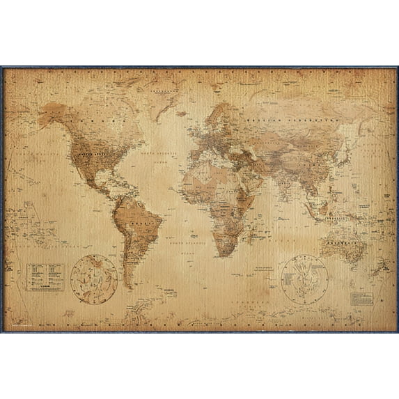 Antique World Map - Framed Poster (Vintage Map Of The World) (Size: 37" X 25") (Orbit Blue Aluminum Frame)