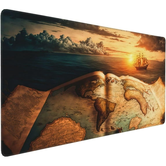 Antique World Map Gaming Mouse Pad - XXL Extended Keyboard Mouse Mat, Non-Slip Rubber Base, Stitched Edges, Ideal for Computer, Office, Keyboard, Laptop, 35.4x15.8 Inch