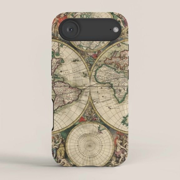 Antique World Map Globe Collage Tough Case for Apple iPhone, Polycarbonate Shell with TPU Liner