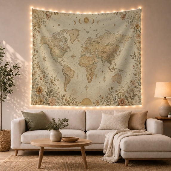 Antique World Map in Pale Cream Parchment, Nostalgic Vintage for History Lovers, Botanical Frame Art Decor, Housewarming Gift, Tapestry Wall Hanging for Home Library and Study Room