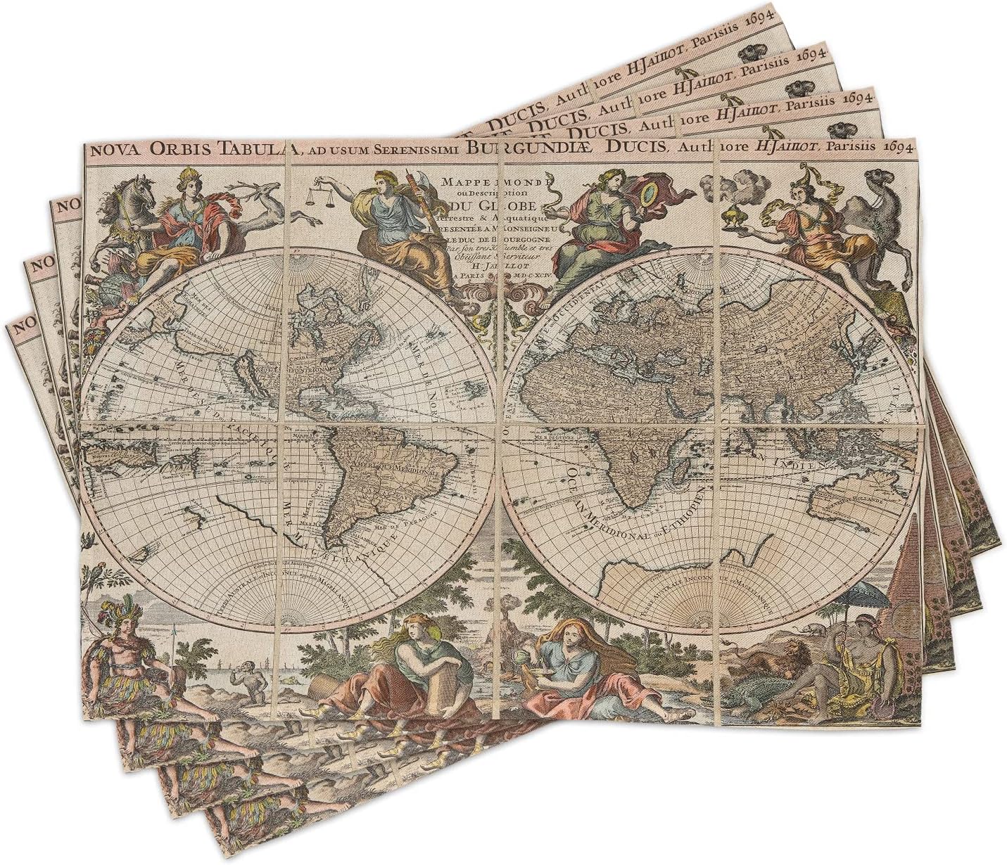 Antique World Map Place Mats Set Of 4, Composition With Old Continents Renaissance Latin Words