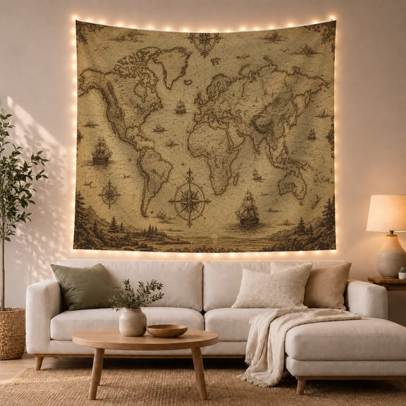 Antique World Map with Sailing Ships, Adventurous Vintage Style for Travel Lovers, Nautical Wall Art, Housewarming Gift, Tapestry Wall Hanging for Home Library and Office