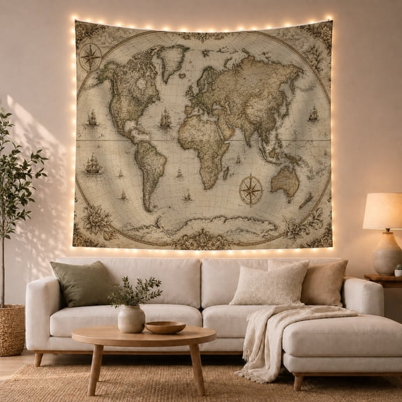Antique World Map with Sailing Ships on Parchment Beige Background, Nostalgic Vintage for Art Lovers, Coastal Map Decor, Housewarming Gift, Tapestry Wall Hanging for Office and Study Room