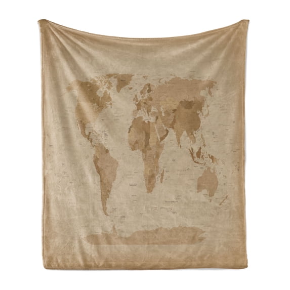 Antique World Map Soft Flannel Fleece Blanket, Brown Colored Lands Pattern with Continents Asia Europe Americas, Cozy Plush for Indoor and Outdoor Use, 50" x 60", Camel Tan and Brown, by Ambesonne