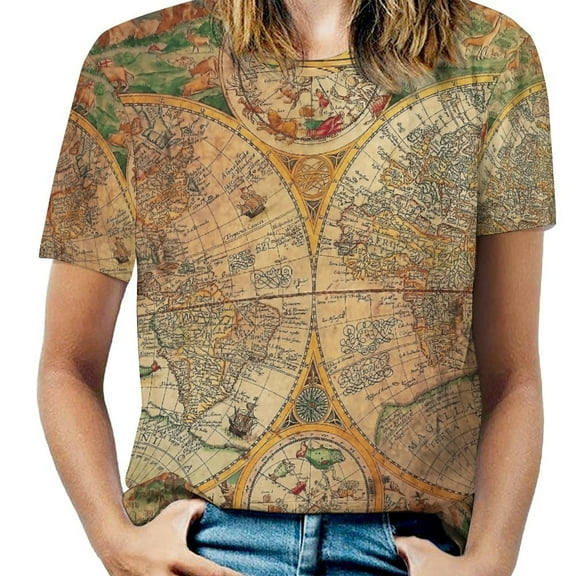 Antique World Map Women's T-Shirt Short Sleeve T Shirts Tops Tee Ladies Loose T