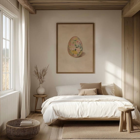 Antique Yellow Easter Egg Wall Art, Vintage Floral Botanical Decor 12x18 UNFRAMDE