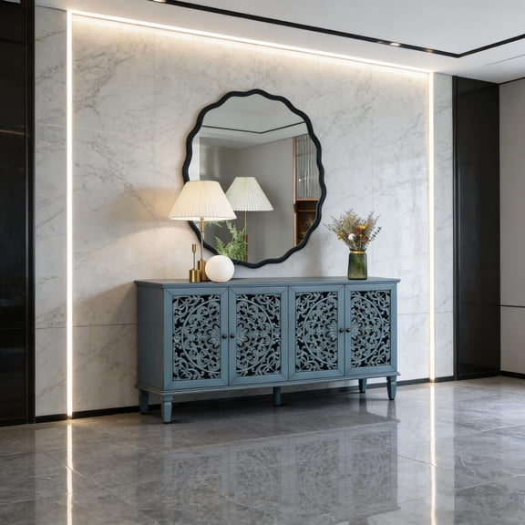 Antique blue buffet cabinet with intricate floral carvings, 60-inch sideboard, antique brass handles, adjustable shelves, suitable for TVs up to 65 inches