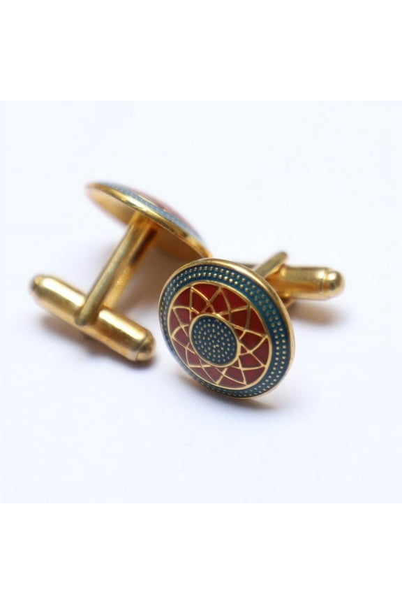 Antique blue & maroon enamel floral pattern round shape sterling silver cufflinks for men