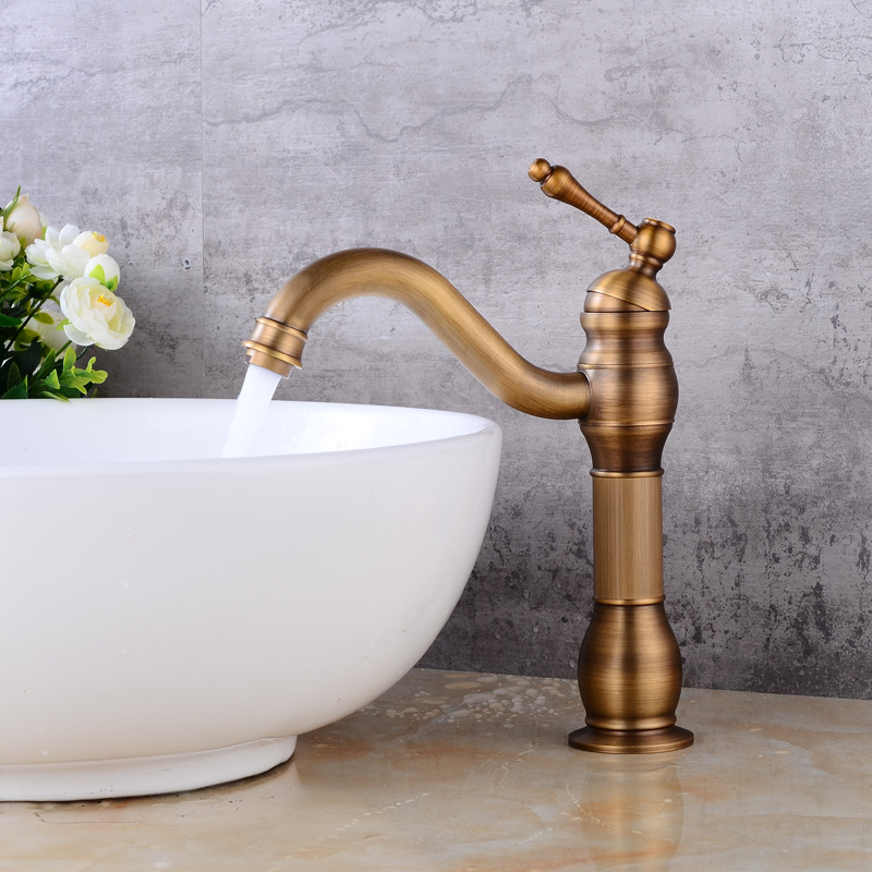 Antique brass faucet with 360 degree rotating hot and cold basin faucet