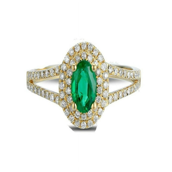 Antique double Halo 2 Carat Emerald and Diamond Engagement Ring in Yellow Gold