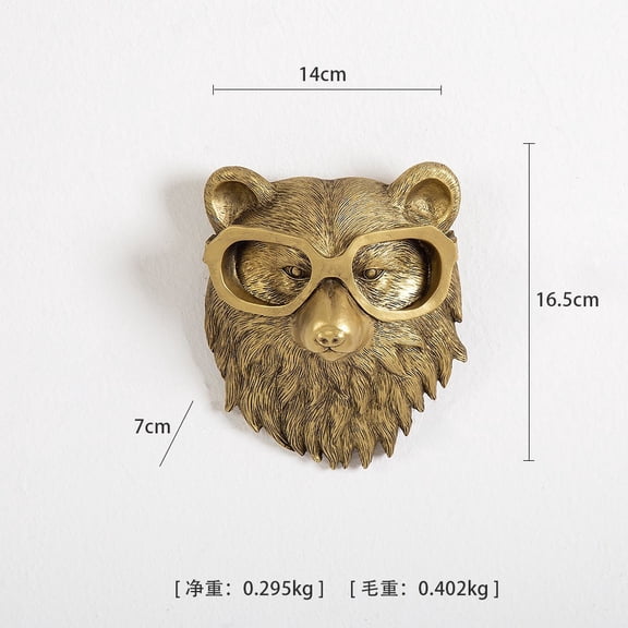 Antique gold bear head wall sculpture wearing oversized glasses, faux taxidermy wall mount, 5.51 x 6.50 inch, resin animal head decor
