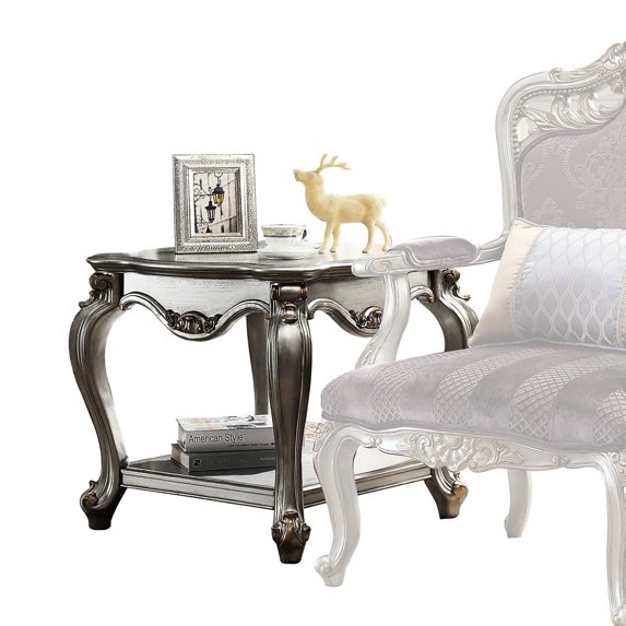 Antique platinum square end table with scalloped wood top and Queen Anne legs for storage in primary living space