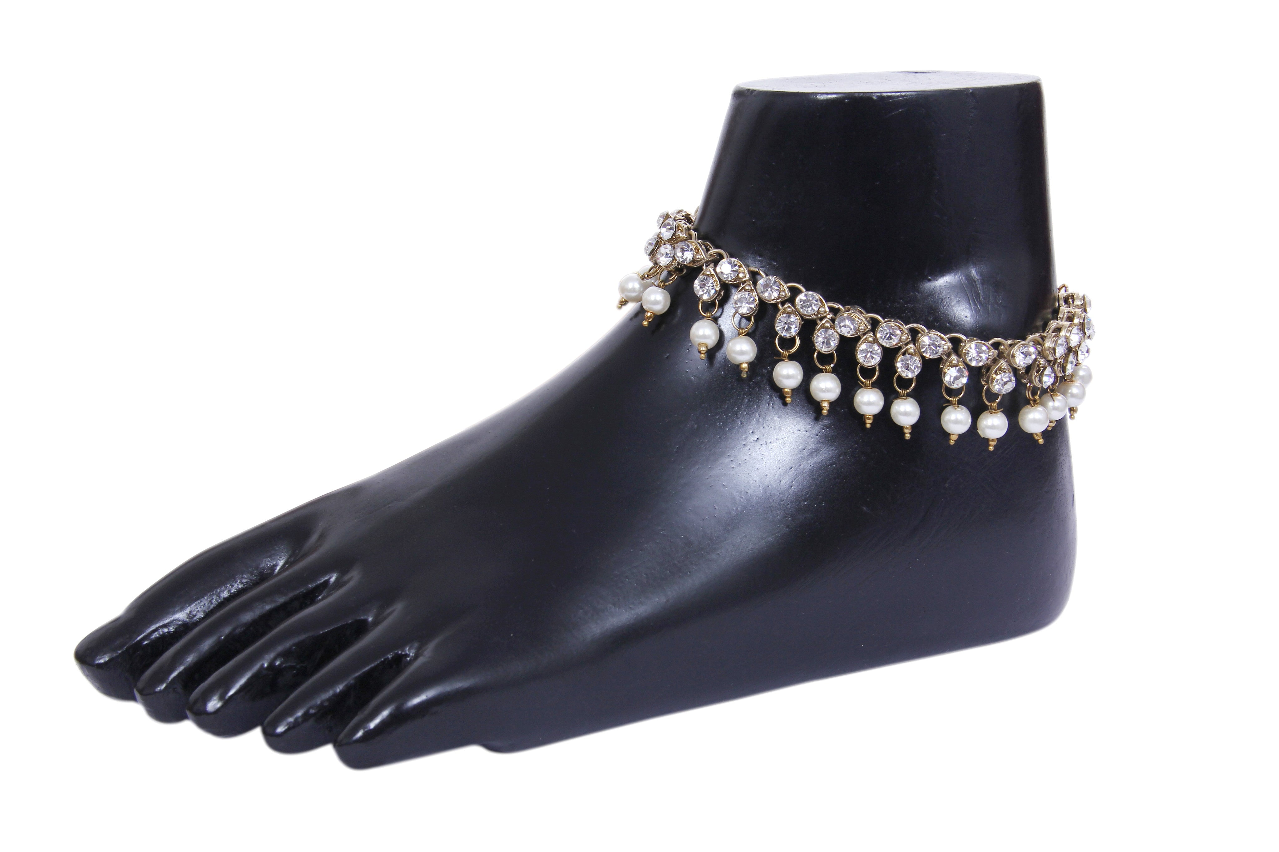 Antique traditional pearl Cz Stone look payal anklet pair
