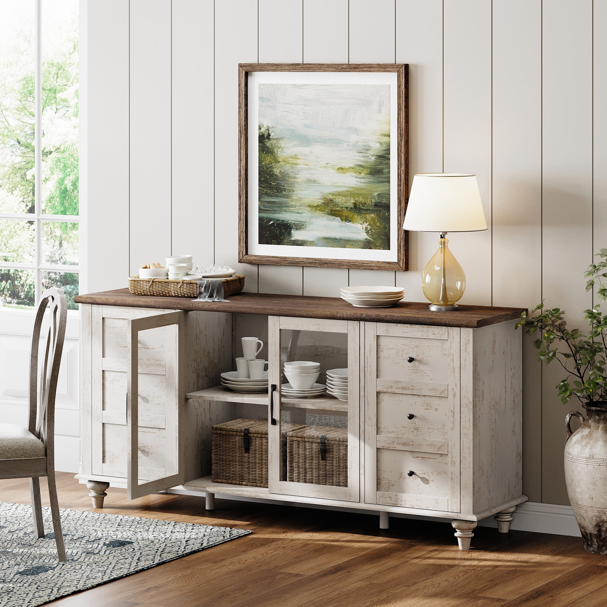Antique white Sideboard with Glass Door, Farmhouse Buffet Cabinet with Storage Shelf for Kitchen Dining Room