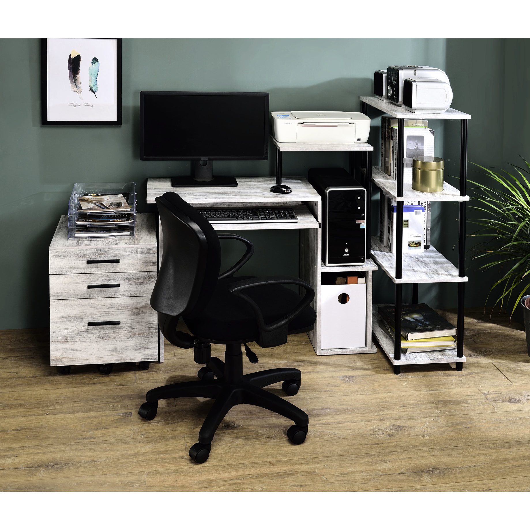 Storage Computer Compartment Antique white & black finish - Provides storage with shelf and ...