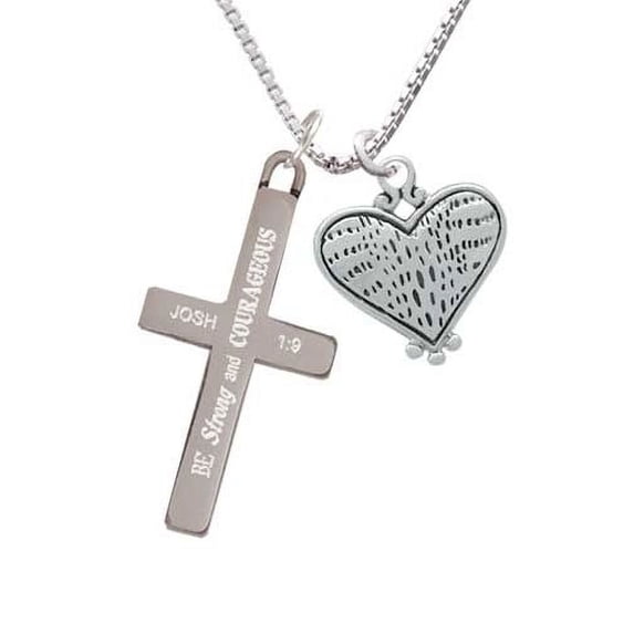 Antiqued Alligator Print Heart - Strong and Courageous - Cross Necklace