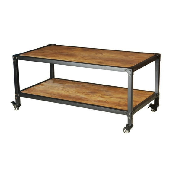 Industrial Metal and Wooden Coffee Table with Castors, Brown and Black